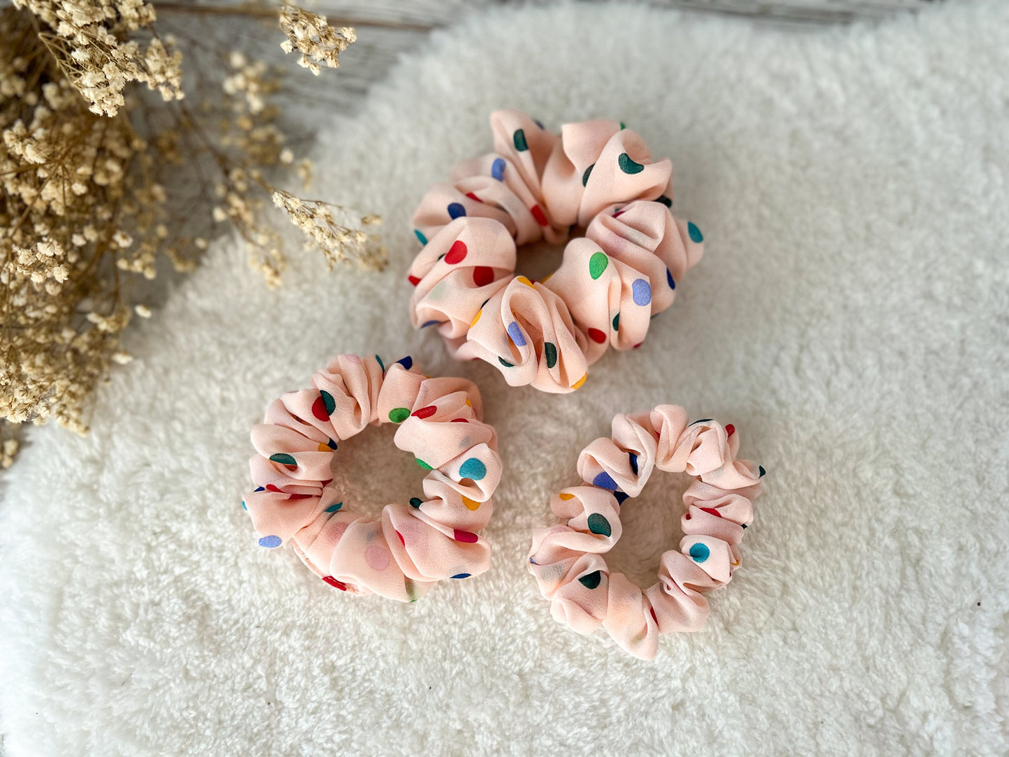 Girl Scrunchie, Pink chiffon scrunchie, Polka Dot Scrunchie, Fluffy Hair Tie, Gift for Her