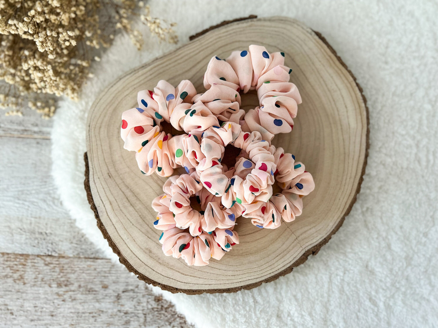 Girl Scrunchie, Pink chiffon scrunchie, Polka Dot Scrunchie, Fluffy Hair Tie, Gift for Her